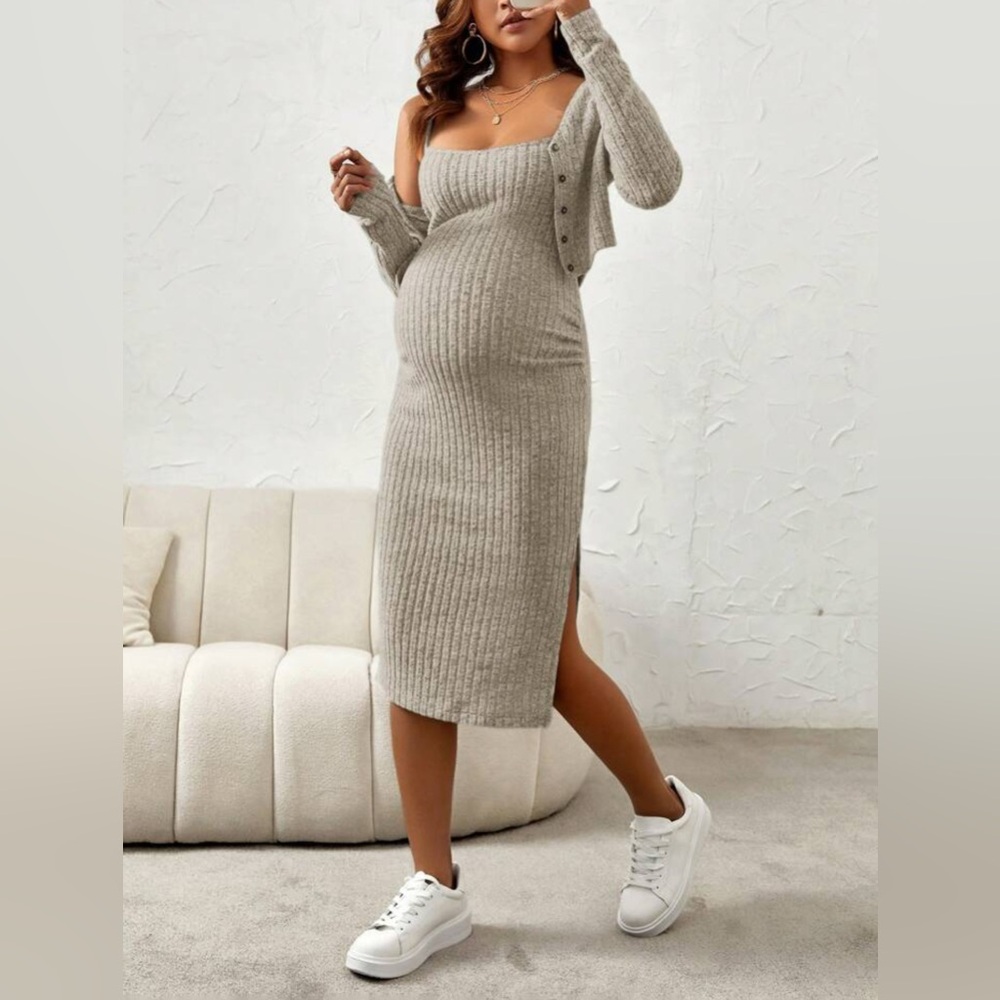Camel Ribbed Knit Maternity Dress